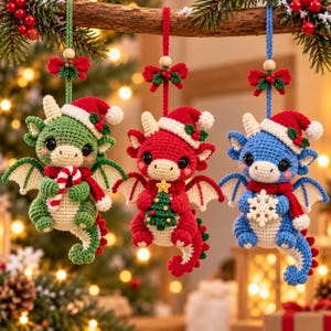 Christmas Dragon Crochet Pattern PDF, Amigurumi Dragon Ornaments, Christmas Hanging Decorations, Santa Dragon Trio, Holiday Crochet Pattern