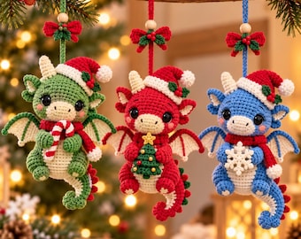 Christmas Dragon Crochet Pattern PDF, Amigurumi Dragon Ornaments, Christmas Hanging Decorations, Santa Dragon Trio, Holiday Crochet Pattern