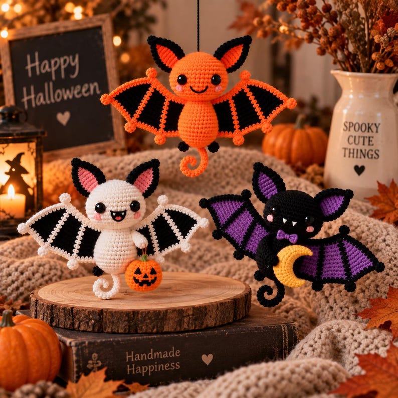 May include: Three crocheted bat ornaments in orange, white, and black. The orange bat hangs above, while the white bat holds a small pumpkin and the black bat holds a yellow crescent moon. Each bat features pointed ears, wings, and a curled tail.