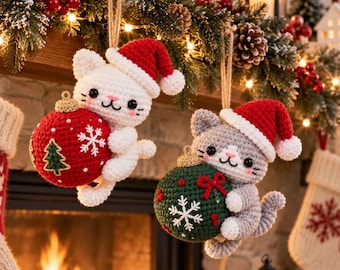 Christmas Cat Bauble Crochet Pattern pdf, Amigurumi Cat Ornament Pattern, Santa Kitty Christmas Tree Decoration, Holiday Crochet Decor