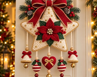 Christmas Star Door Hanger Crochet Pattern PDF, Poinsettia Christmas Wall Hanging, Crochet Bell & Ornament Holiday Decor