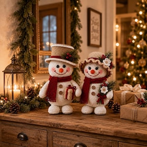 May include: Two crocheted snowman figures with white bodies, orange noses, and rosy cheeks. Both wear dark red scarves and brown buttons. The left snowman wears a tan top hat, and the right snowman wears a tan bonnet with white flowers and pine.