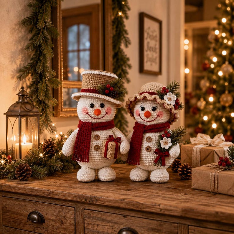 May include: Two crocheted snowman figures with white bodies, orange noses, and rosy cheeks. Both wear dark red scarves and brown buttons. The left snowman wears a tan top hat, and the right snowman wears a tan bonnet with white flowers and pine.