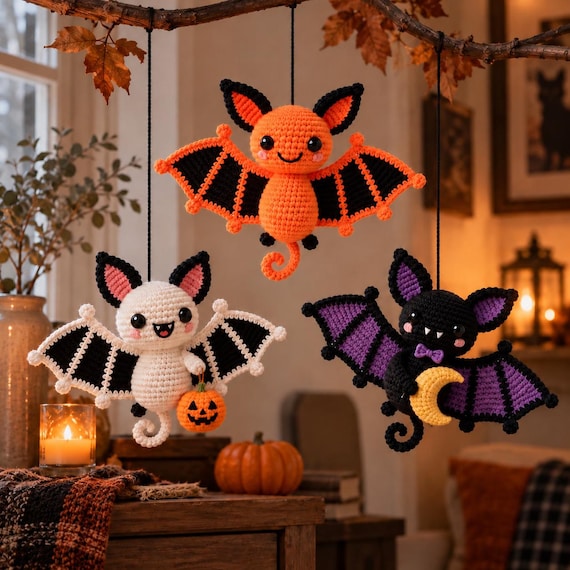 Crochet Bat Pattern PDF, Halloween Bat Amigurumi, Crochet Bat Ornament, Halloween Decor Pattern, 3 Bat Designs, Bat Crochet Pattern