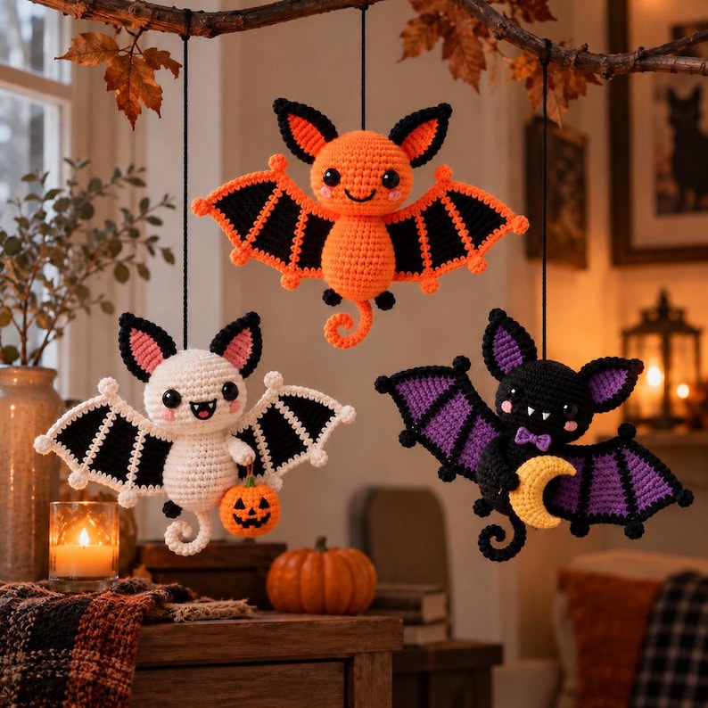 May include: Three hanging crochet bat ornaments in orange, white, and black. The orange bat has black wing accents. The white bat holds a small orange pumpkin. The black bat features purple wing details, a purple bow tie, and holds a yellow crescent moon.