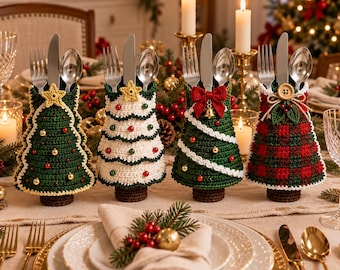Crochet Christmas Tree Utensil Holder Pattern, 4 Tree Designs PDF, Holiday Table Decor, Christmas Table Setting, Crochet Pattern