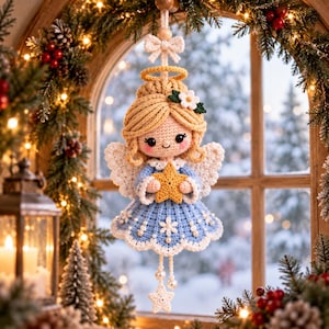 May include: A crocheted angel ornament featuring blonde yarn hair, a yellow halo, and white wings. The angel wears a light blue dress with white snowflake embroidery and pearl accents, holding a yellow star with a dangling star charm below.