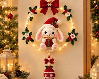 Crochet Christmas Bunny Wreath Pattern PDF, Light Up Holiday Door Decor, Amigurumi Rabbit Ornament, Festive Crochet Wreath Pattern