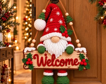 Christmas Gnome Welcome Door Hanger Crochet Pattern PDF, Holiday Gnome Wall Decor, Christmas Door Sign Crochet Pattern