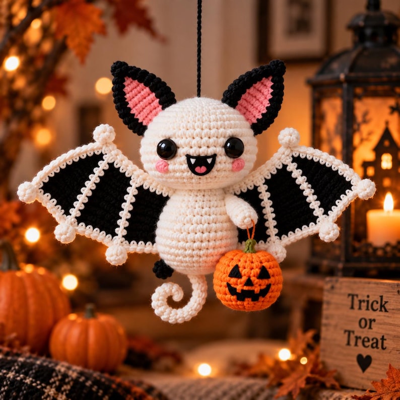 May include: A crocheted white bat ornament with black wings, pink inner ears, and black eyes. The bat has a smiling mouth with two white fangs and holds a small orange crocheted pumpkin. It hangs from a black string against a blurred background.
