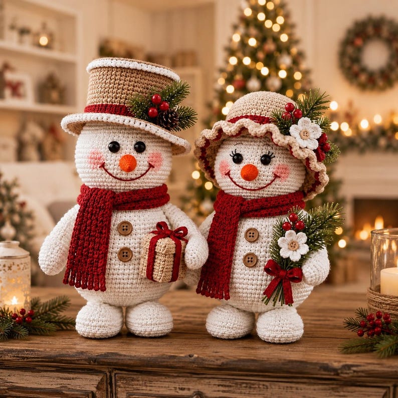 May include: Two crocheted snowman figures with white bodies, red scarves, and brown buttons. One wears a tan top hat with pine and berries, holding a small gift. The other wears a tan bonnet with white flowers, pine, and berries, holding a floral sprig.
