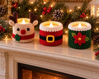 Christmas Candle Holder Crochet Pattern PDF, Reindeer Santa Poinsettia Tealight Holders, Christmas Home Decor Crochet Pattern