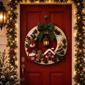 May include: A round, cream-colored crocheted wreath featuring a large green bow at the top. It is decorated with a brown reindeer, a red mug with a snowflake, a gingerbread person, a small red house, a green Christmas tree, and a lantern.