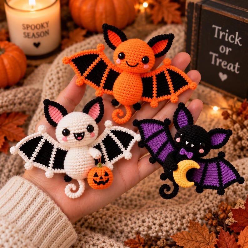 May include: Three crocheted bat ornaments featuring distinct color schemes: one orange and black, one white and black holding a small orange pumpkin, and one black and purple holding a yellow crescent moon. Each bat has black eyes and ears.