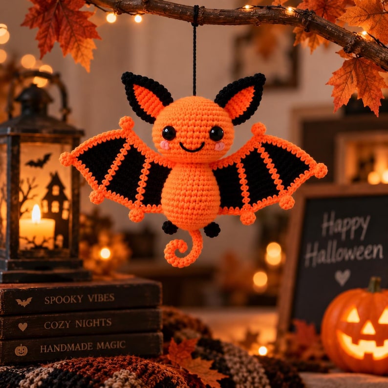 May include: A crocheted bat ornament featuring a bright orange body and head with black wing accents, large black eyes, and a small curled tail. The bat is suspended by a black string and displays a smiling face with pink cheeks.