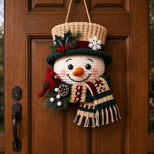 Könnte beinhalten: Ein gehäkelter Schneemann als Wandbehang mit einem beigen Zylinder und dunkelgrünem Band, verziert mit Stechpalmen, Tannenzapfen und einer weißen Schneeflocke. Der Schneemann hat eine Karottennase, einen roten Kardinalvogel und einen Fransenschal.
