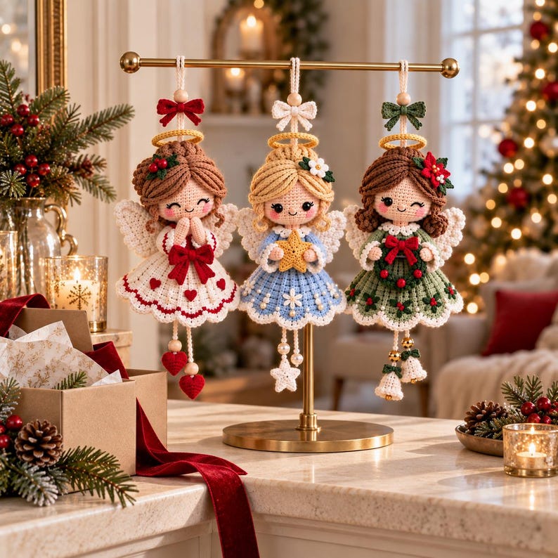 May include: Three crocheted angel ornaments hanging from a gold metal stand. The left angel wears a white dress with red hearts, the center angel a blue dress with a yellow star, and the right angel a green dress with a wreath and red bow.