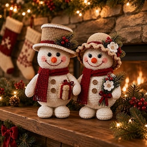 May include: Two crocheted snowman figures with white bodies, orange noses, and pink cheeks. One wears a tan top hat with holly, the other a tan ruffled hat with white flowers. Both have red scarves, brown buttons, and hold festive holiday items.