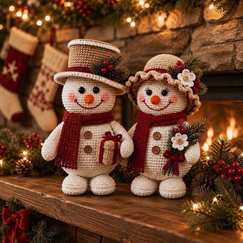 May include: Two crocheted snowman figures with white bodies, orange noses, and pink cheeks. One wears a tan top hat with holly, the other a tan ruffled hat with white flowers. Both have red scarves, brown buttons, and hold festive holiday items.