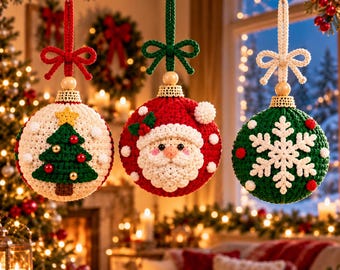 Christmas Crochet Bauble Ornament Trio Pattern PDF, Santa Snowflake Christmas Tree Decorations, DIY Holiday Hanging Ornaments