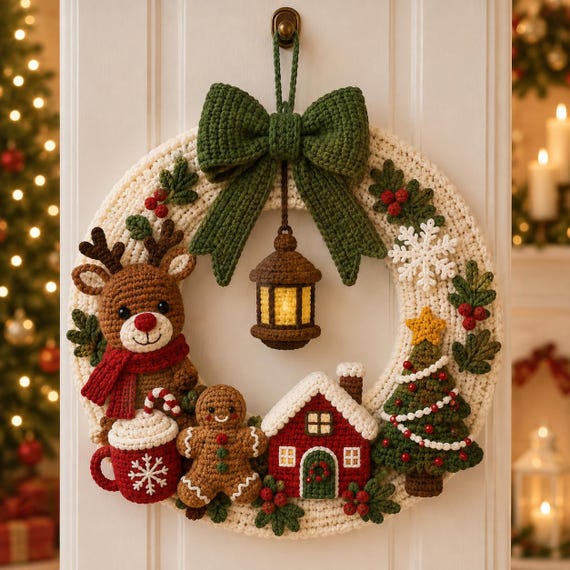 Christmas Crochet Wreath Pattern PDF | Crochet Christmas Wreath | Holiday Door Decor | Christmas Home Decor | Instant Download