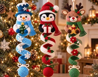 Crochet Christmas Character Spiral Hanging Pattern, Snowman Penguin Reindeer Ornaments, Christmas Decor Crochet Pattern PDF