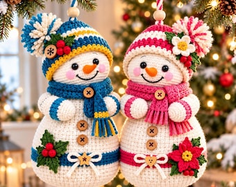 Christmas Snowman Couple Crochet Pattern PDF, Hanging Snowman Ornament Pattern, Festive Winter Christmas Decor, Amigurumi Snowman Pair