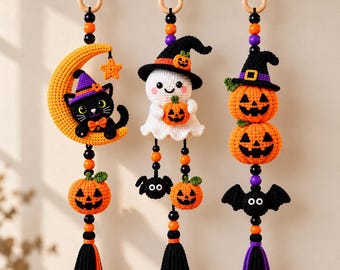 Halloween Hanging Trio Crochet Pattern PDF, Ghost Witch, Black Cat Moon, Jack O Lantern, Pumpkin & Bat Amigurumi Decor