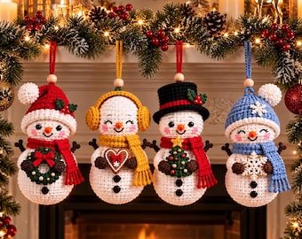 May include: Four crocheted snowman ornaments hanging in a row. The first wears a red hat and scarf with a wreath. The second has yellow earmuffs and a scarf holding a heart. The third wears a black top hat and red scarf with a tree. The fourth has a blue hat and scarf with a snowflake.