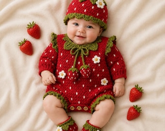 Crochet Strawberry Baby Romper Pattern, Strawberry Baby Outfit PDF, Crochet Baby Hat & Booties Pattern