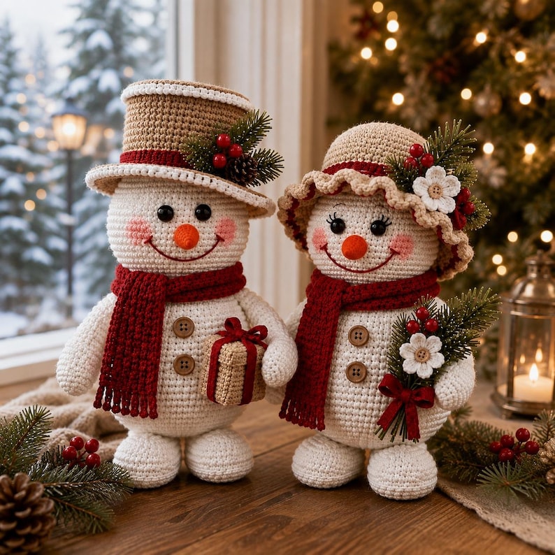 May include: Two crocheted snowmen figures with white bodies, orange noses, and pink cheeks. One wears a tan top hat with pine and red berries, the other a tan sun hat with white flowers and berries. Both wear red scarves and brown buttons.