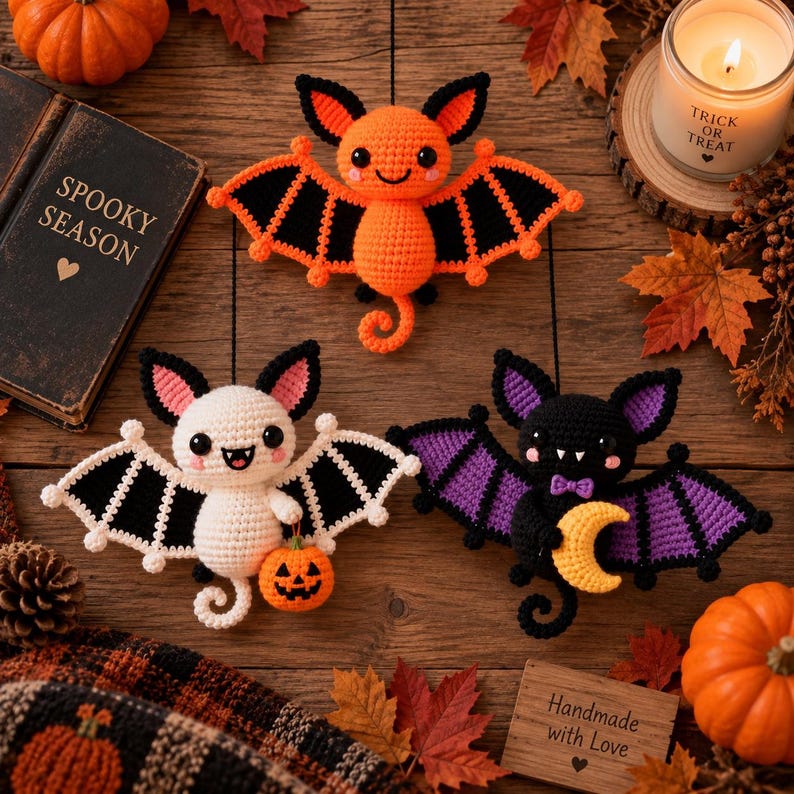 May include: Three crocheted bat ornaments in orange, white, and black. The orange bat has black wing accents. The white bat holds a small orange pumpkin. The black bat features purple wing details and holds a yellow crescent moon.