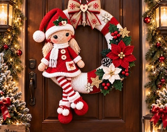 Christmas Girl Wreath Crochet Pattern, Santa Doll Door Wreath PDF, Christmas Door Decor Pattern, Holiday Crochet Pattern