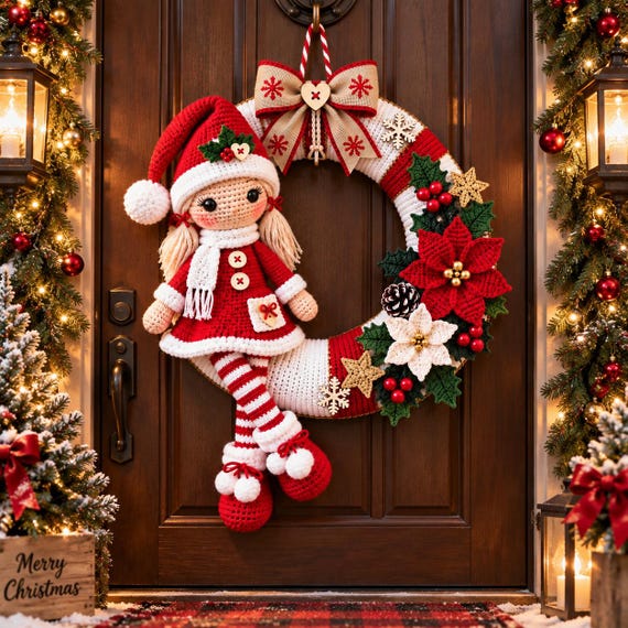 Christmas Girl Wreath Crochet Pattern, Santa Doll Door Wreath PDF, Christmas Door Decor Pattern, Holiday Crochet Pattern