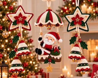 Crochet Santa Christmas Hanging Pattern, Poinsettia Star Ornament, Christmas Bell Decoration, Festive Holiday Amigurumi