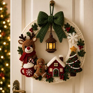 May include: A cream-colored crochet Christmas wreath featuring a large green bow, a hanging lantern, a brown reindeer with a red scarf, a red mug with a snowflake, a gingerbread person, a red house, a green Christmas tree, and holly berries.