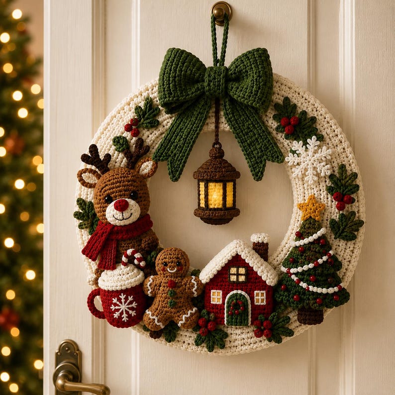 May include: A cream-colored crochet Christmas wreath featuring a large green bow, a hanging lantern, a brown reindeer with a red scarf, a red mug with a snowflake, a gingerbread person, a red house, a green Christmas tree, and holly berries.