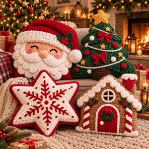 May include: A collection of four decorative crochet pillows featuring a Santa Claus face, a green Christmas tree with red bows and yellow stars, a white star with a red snowflake pattern, and a brown gingerbread house with candy cane accents.