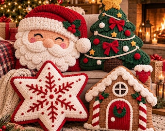 Christmas Crochet Pillow Pattern PDF, Santa Pillow, Christmas Tree Pillow, Snowflake Star & Gingerbread House Crochet Patterns