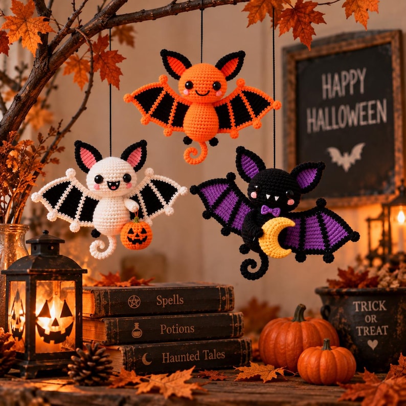 May include: Three hanging crochet bat ornaments in orange, white, and black. The orange bat has black wing accents. The white bat holds a small orange pumpkin. The black bat features purple wing details and holds a yellow crescent moon.