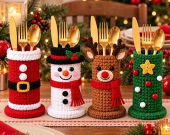Christmas Cutlery Holder Crochet Pattern, Santa Snowman Reindeer Tree Utensil Holder, Christmas Table Decor Crochet Pattern PDF