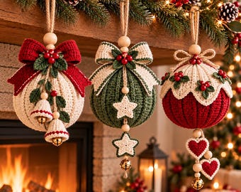 Crochet Christmas Bauble Ornaments Pattern PDF, Set of 3 Hanging Christmas Decorations, Bells Stars Hearts, Holiday Crochet