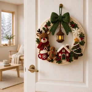May include: A round cream-colored crochet wreath featuring a large green bow at the top, a hanging lantern, a brown reindeer with a red scarf, a mug of cocoa, a gingerbread person, a red house, a Christmas tree, and white snowflakes.