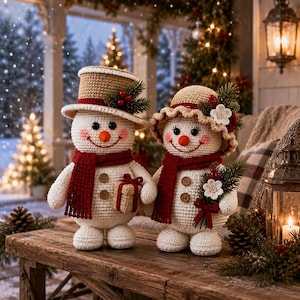 May include: Two crocheted snowmen figures standing on a wooden surface. The left snowman wears a tan top hat with holly, while the right snowman wears a tan bonnet with white flowers. Both have red scarves, orange noses, and brown buttons.