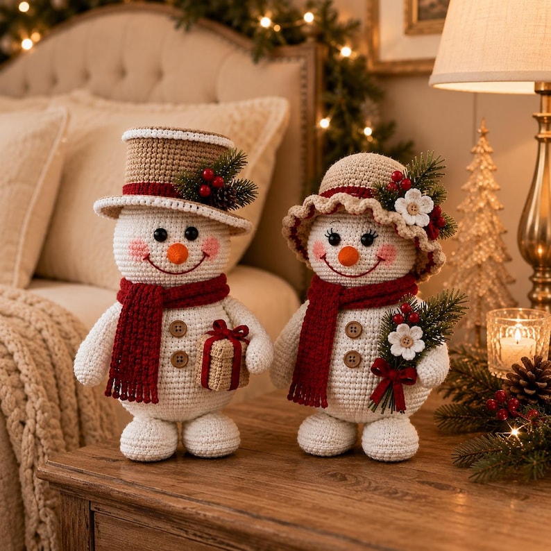 May include: Two crocheted snowmen figures with white bodies, orange carrot noses, and pink cheeks. One wears a tan top hat, the other a tan sun hat. Both have red scarves, brown buttons, and festive greenery accents with red berries and white flowers.