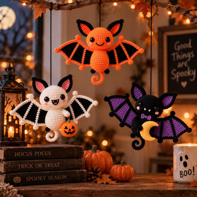 May include: Three hanging crochet bats in orange, white, and black. The orange bat has black wings, the white bat holds a small orange pumpkin, and the black bat has purple wings and holds a yellow crescent moon. Each bat has a small smiling face.