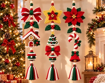 Christmas Crochet Hanging Garland Trio Pattern PDF, Poinsettia Star Gingerbread House, Candy Cane Tree Bell, Festive Wall Decor