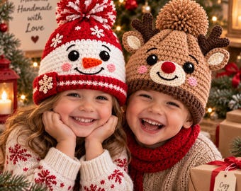 Snowman & Reindeer Crochet Hat Pattern | Christmas Crochet Hat PDF | Kids Winter Hat Pattern | Holiday Beanie | Instant Download