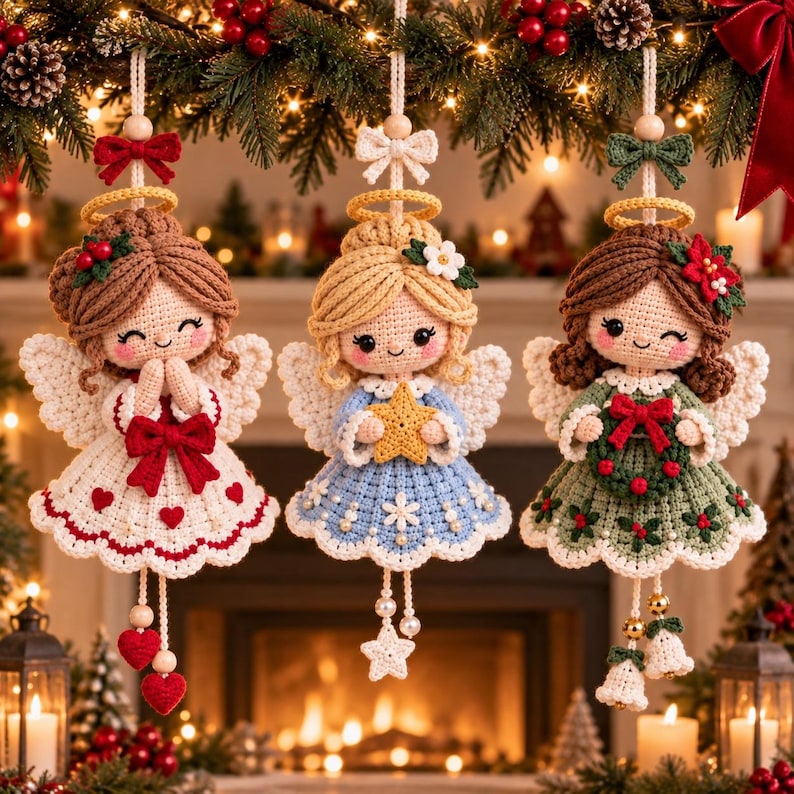 May include: Three crocheted angel ornaments hanging from a branch. The left angel wears a white dress with red hearts and a red bow. The center angel wears a blue dress with a yellow star. The right angel wears a green dress with a wreath.