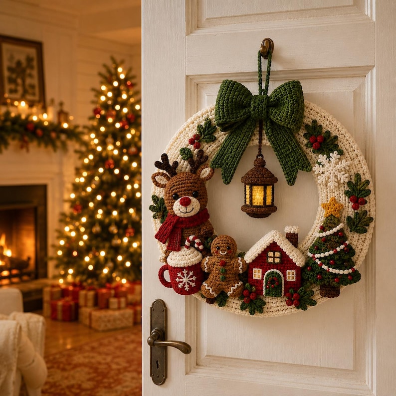 May include: A circular cream-colored crochet wreath featuring a large dark green bow at the top, a hanging lantern, a reindeer with a red scarf, a gingerbread person, a red mug with a snowflake, a small house, and a decorated Christmas tree.